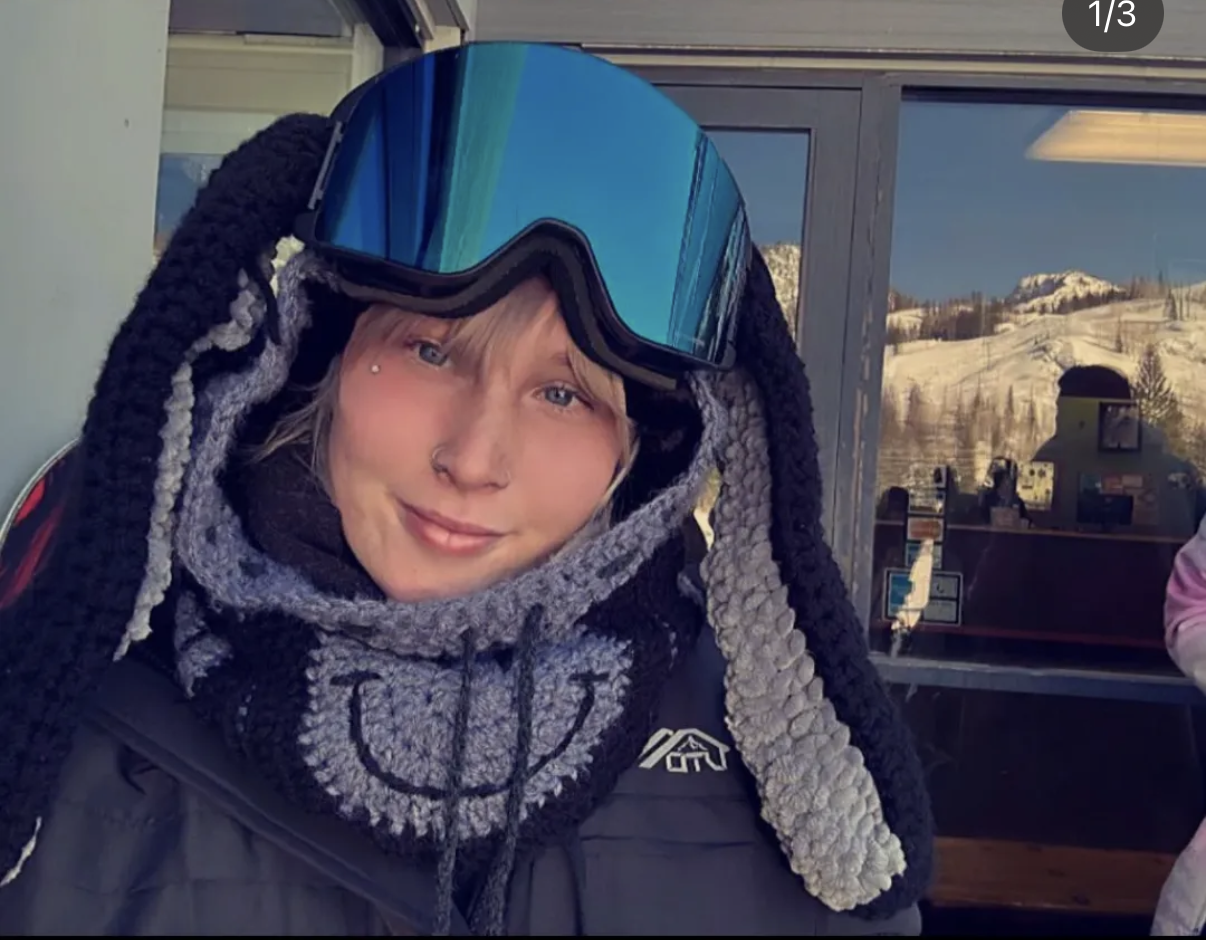 Charcoal & dove grey crochet ski hood on the slopes