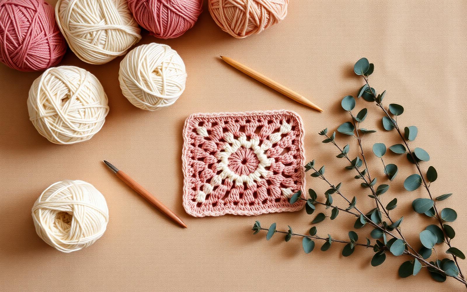 Balls of soft pink and cream yarn, a wooden crochet hook, and a half-finished granny square on warm linen
